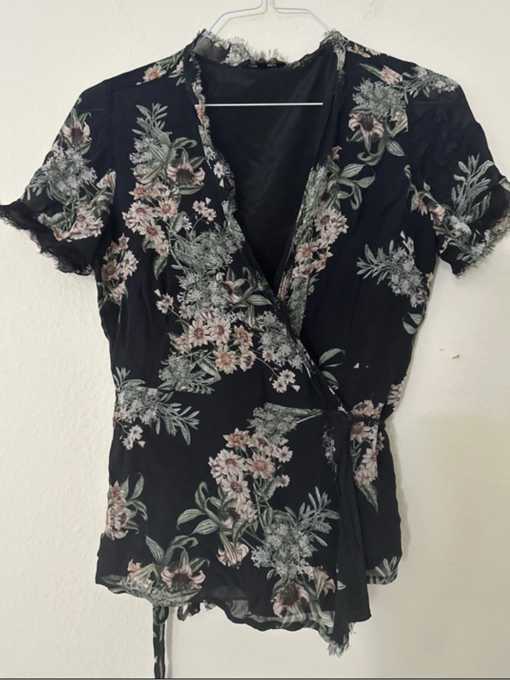 Lucky Brand Black Floral Wrap Blouse with Lace Trim